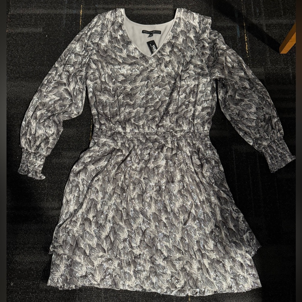 NWT White House Black Market Black, Gray, and Silver Long Sleeve Dress Size L